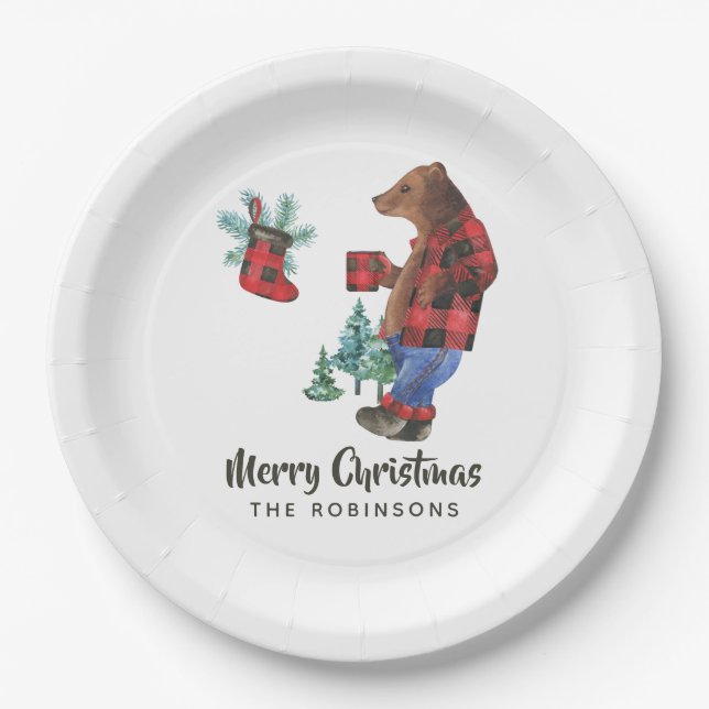 Fun Buffalo Plaid Lumberjack Bear Christmas Party Paper Plates (Front)