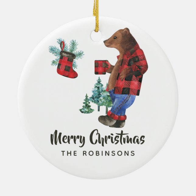 Fun Buffalo Plaid Lumberjack Bear Christmas Photo Ceramic Ornament (Back)