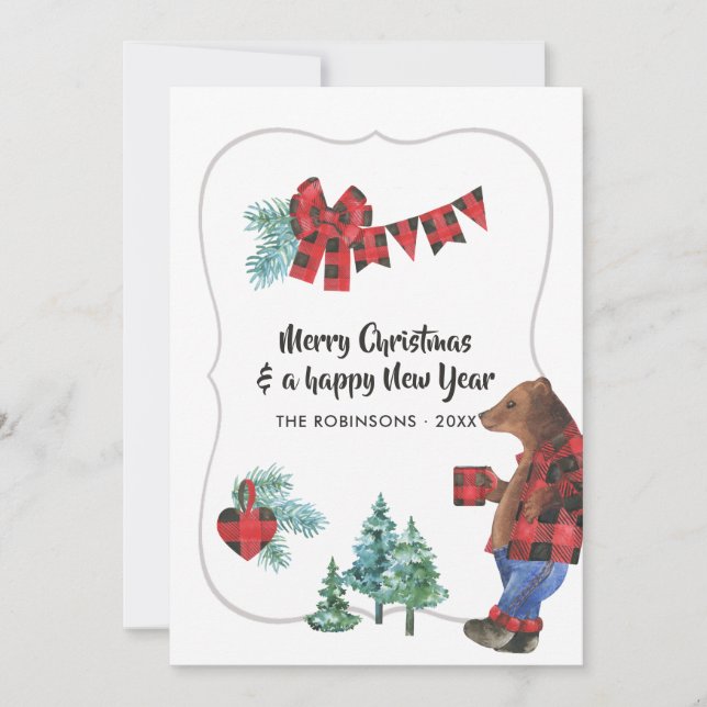 Fun Buffalo Plaid Lumberjack Bear Christmas Photo Holiday Card (Front)