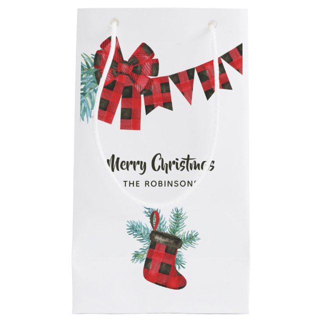 Fun Buffalo Plaid Lumberjack Bear Christmas Small Gift Bag (Front)