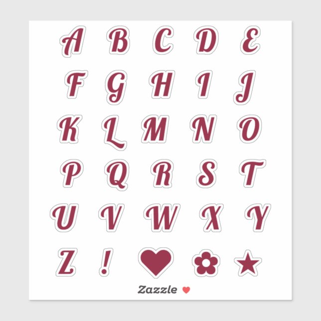 Fun Burgundy Alphabet Initial Monogram Letters Sticker (Sheet)