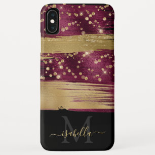 Fun Burgundy Gold Glitter Script Monogrammed iPhone XS Max Case