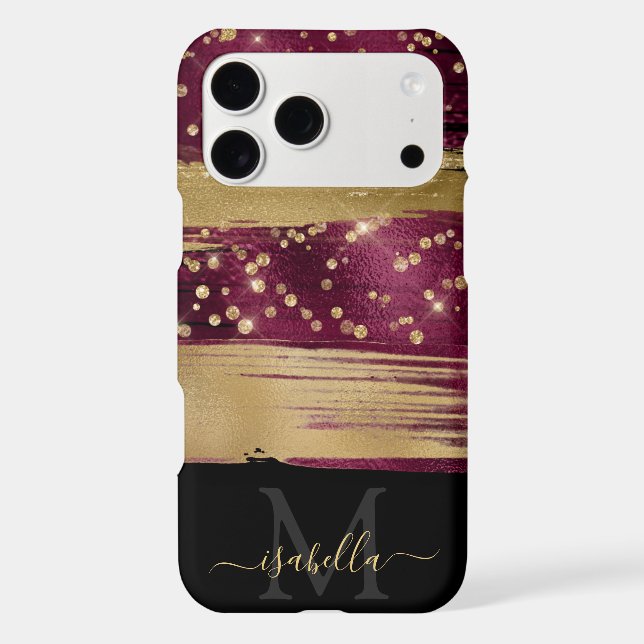 Fun Burgundy Gold Glitter Script Monogrammed Iphone Case (Back)