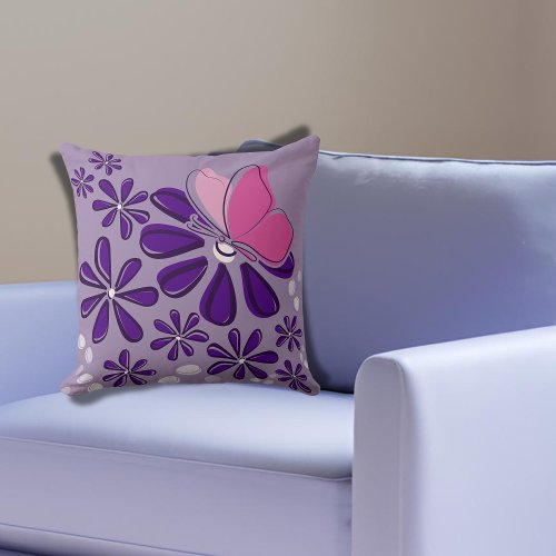 Fun Butterfly and Blossom Doodle Pink Purple Art Throw Pillow
