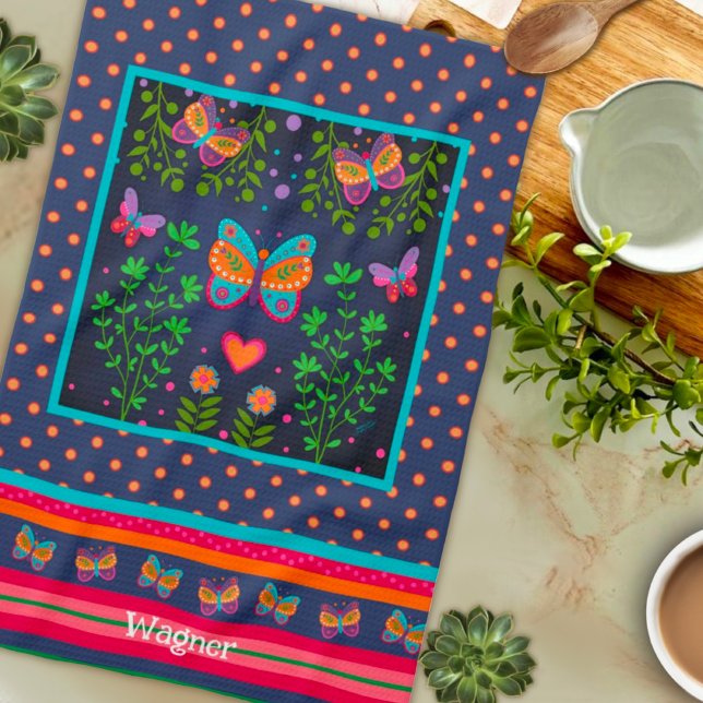 Fun Butterfly Chic Floral Stylish Custom Name Kitchen Towel (Creator Uploaded)