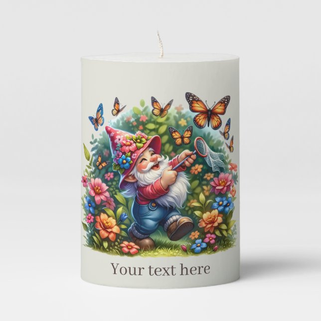 Fun butterfly gnome customizable pillar candle (Front)