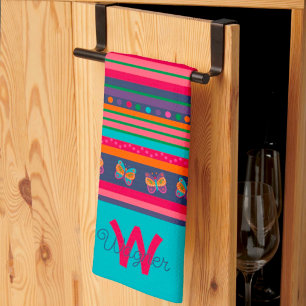 Fun Butterfly Stripe Stylish Initial Last Name Kitchen Towel