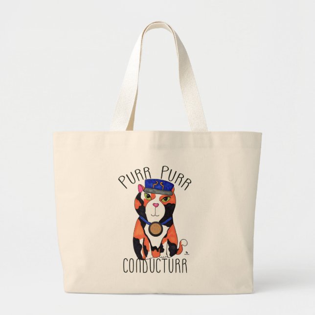 Fun Calico Cat Train Conductor Purr Slogan Large Tote Bag (Front)