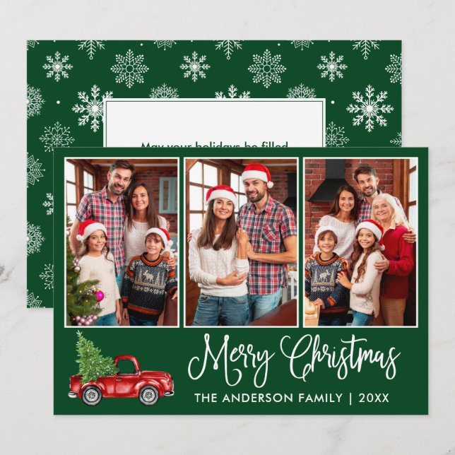 Fun Calligraphy 3 Photo Christmas Red Truck Green Holiday Card (Front/Back)