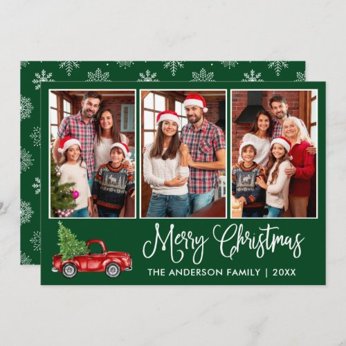 Fun Calligraphy 3 Photo Christmas Red Truck Green Holiday Card
