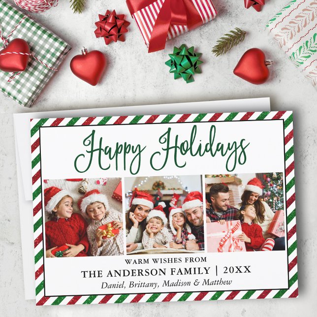 Fun Calligraphy 3 Photo Glitter Stripes Holiday Card (Customize to change your personalized text size or text style.)