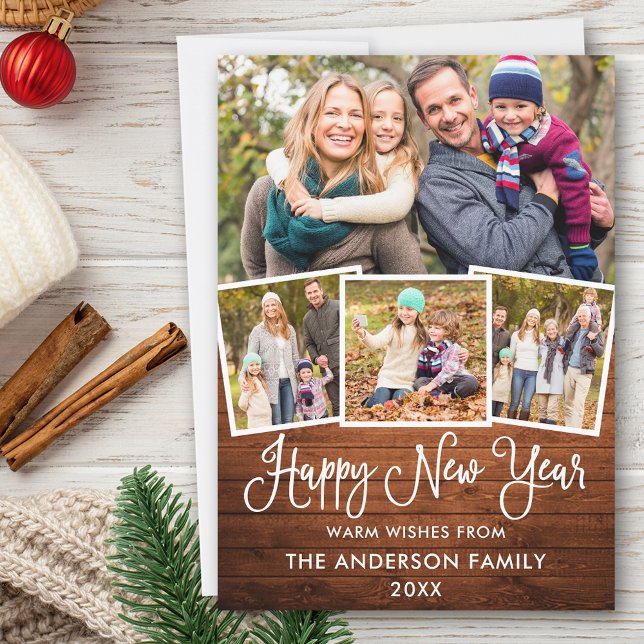Fun Calligraphy 4 Photo Wood Happy New Year Holiday Card (Customize to add text to back of card.)