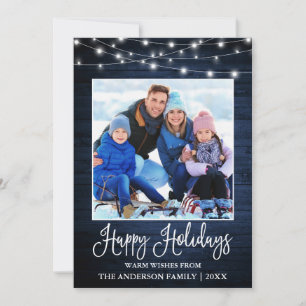 Fun Calligraphy Blue Wood Lights Photo Holiday Card