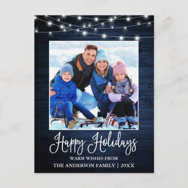 Fun Calligraphy Blue Wood Lights Photo Holiday Postcard (Front)