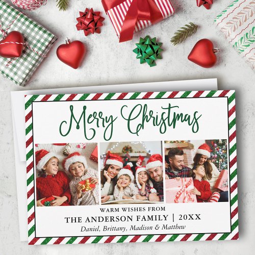 Fun Calligraphy Christmas 3 Photo Glitter Stripes Holiday Card