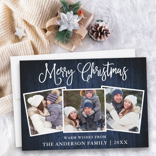 Fun Calligraphy Christmas Blue Wood 3 Photo Holiday Card