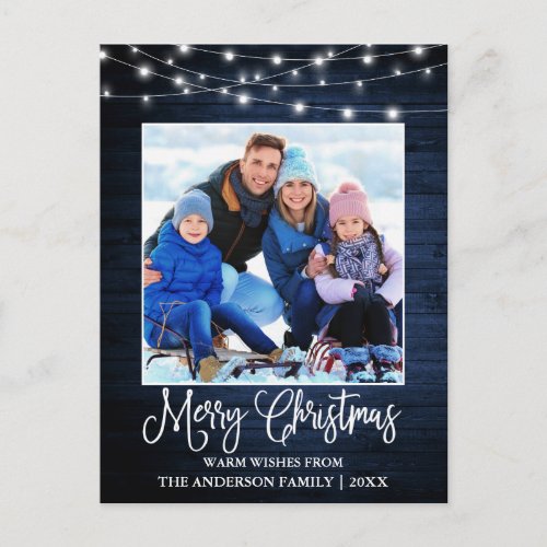 Fun Calligraphy Christmas Blue Wood Lights Postcard