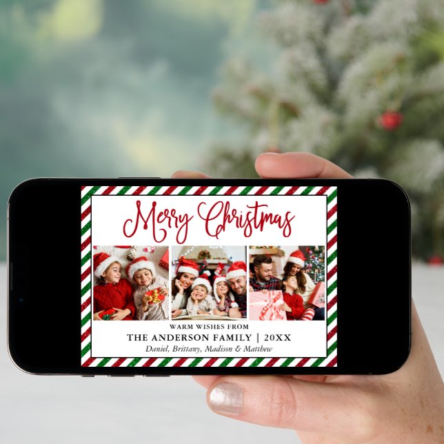 Fun Calligraphy Christmas Glitter Stripes 3 Photo Holiday Card (Front Digital)