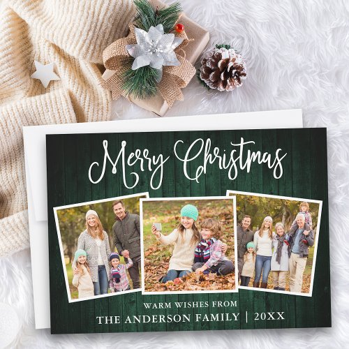 Fun Calligraphy Christmas Green Wood 3 Photo Holiday Card