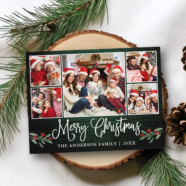 Fun Calligraphy Christmas Green Wood Holly 5 Photo Postcard (Customize to change your personalized text size or text style.)
