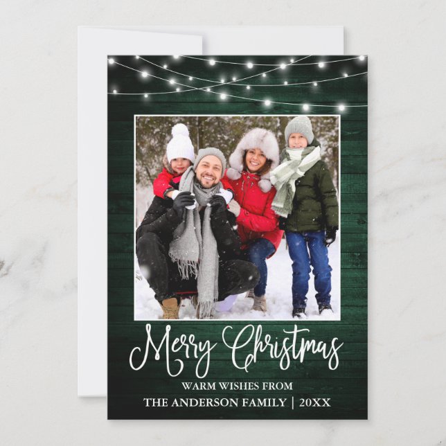 Fun Calligraphy Christmas Green Wood Lights Photo Holiday Card (Front)