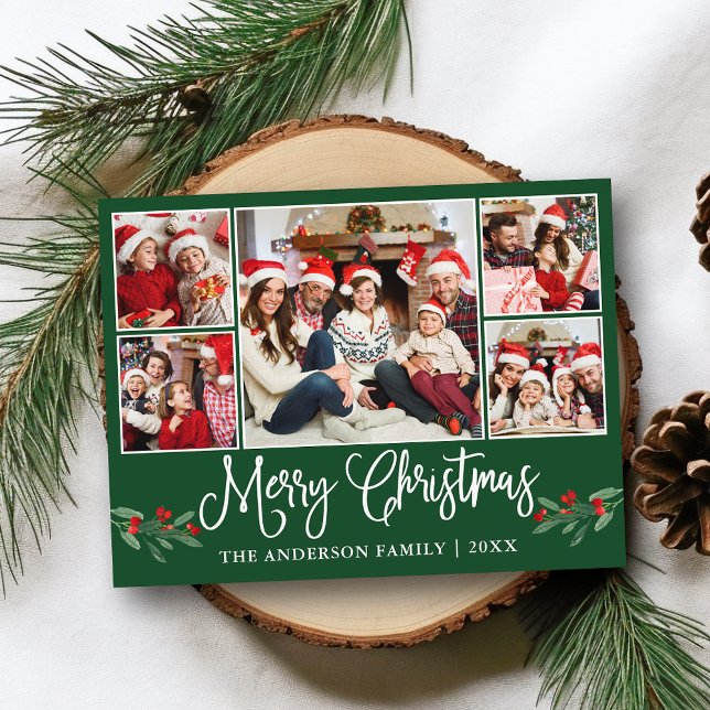Fun Calligraphy Christmas Holly 5 Photo Green Postcard (Customize to change your personalized text size or text style.)