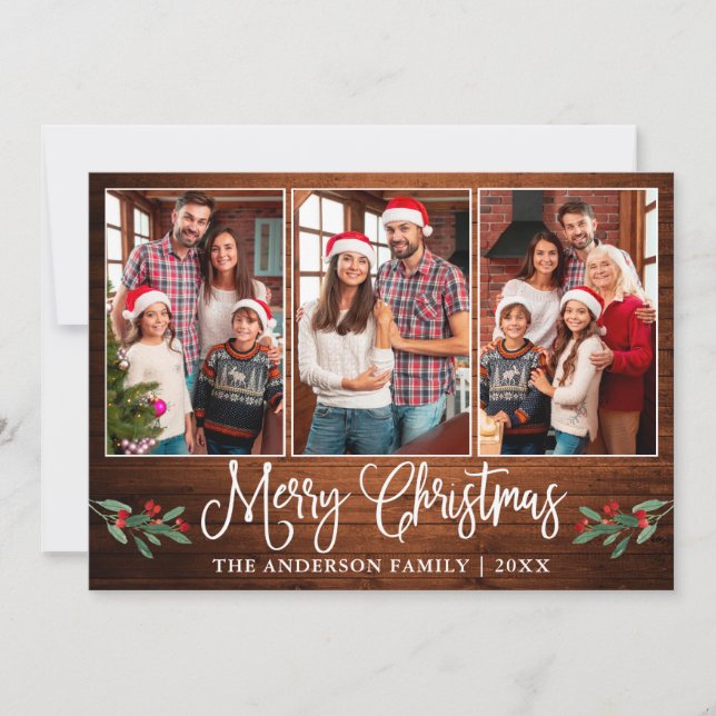 Fun Calligraphy Christmas Holly Rustic Wood Photo Holiday Card (Front)
