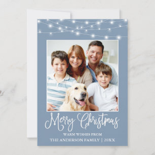 Fun Calligraphy Christmas Lights Photo Blue Holiday Card