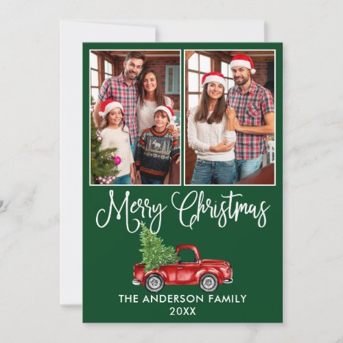 Fun Calligraphy Christmas Red Truck 2 Photo Green Holiday Card