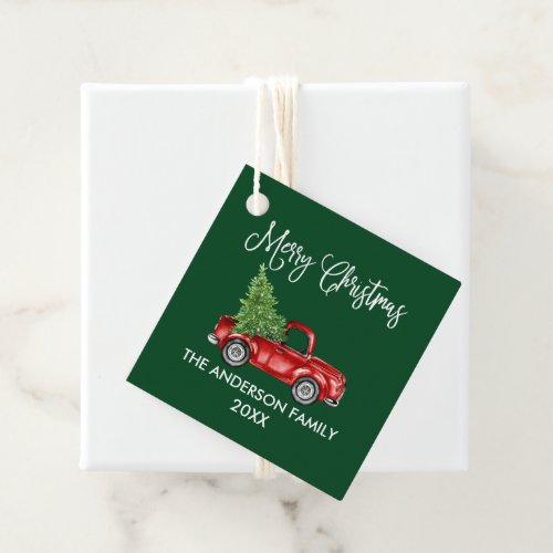 Fun Calligraphy Christmas Red Truck Green Gift Favor Tags