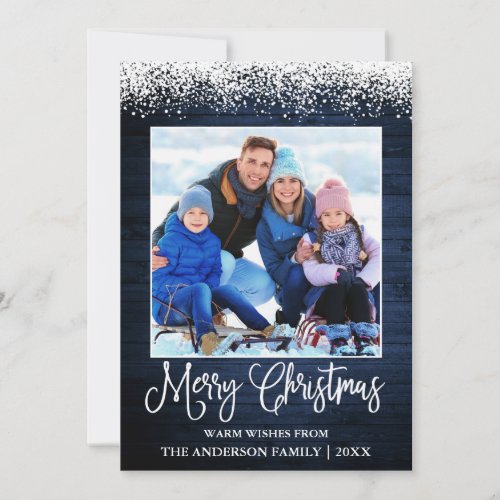 Fun Calligraphy Christmas Snow Topped Blue Wood Holiday Card