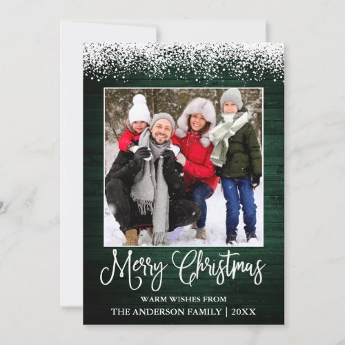 Fun Calligraphy Christmas Snow Topped Green Wood Holiday Card