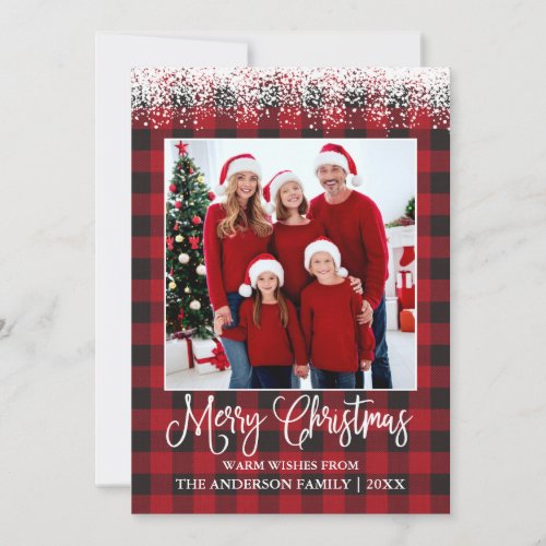 Fun Calligraphy Christmas Snow Topped Photo Plaid Holiday Card