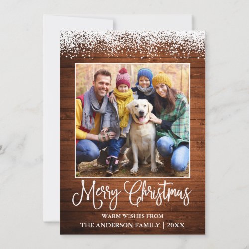 Fun Calligraphy Christmas Snow Topped Photo Wood Holiday Card