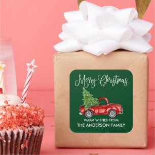 Fun Calligraphy Christmas Vintage Truck Green Square Sticker