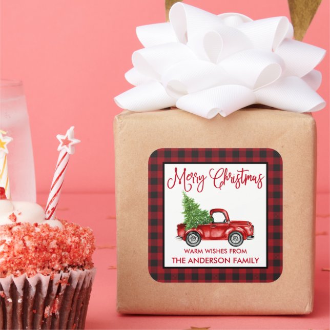 Fun Calligraphy Christmas Vintage Truck Plaid Square Sticker (Party)