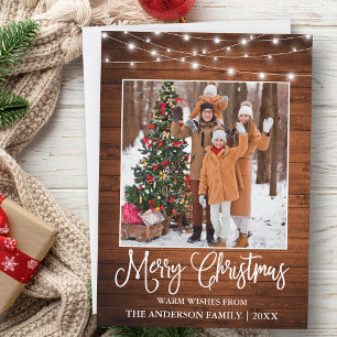 Fun Calligraphy Christmas Wood Lights Photo Holiday Card