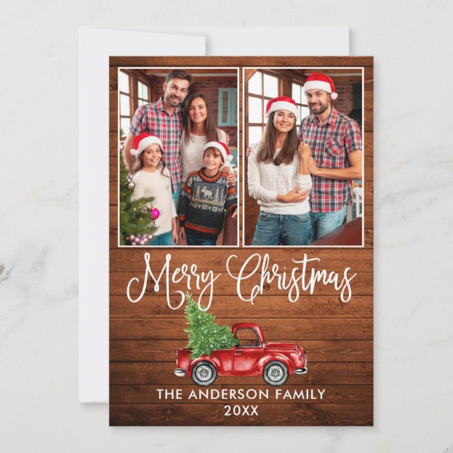 Fun Calligraphy Christmas Wood Red Truck 2 Photo Holiday Card (Front)