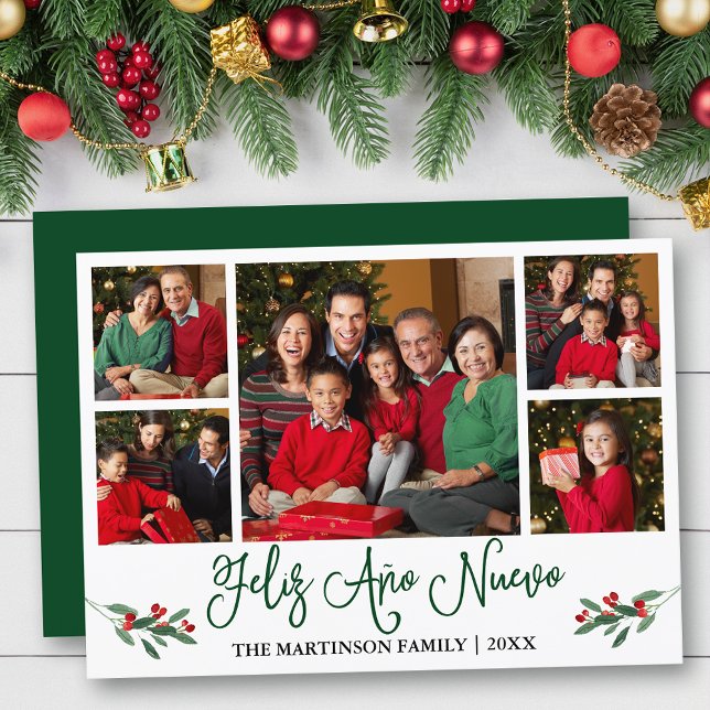 Fun Calligraphy Feliz Ano Nuevo 5 Photo Green Holiday Card (Customize to add text to back of card.)
