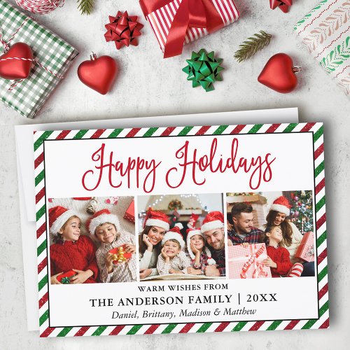 Fun Calligraphy Glitter Stripes 3 Photo Holiday Card