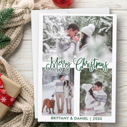 Fun Calligraphy Green 3 Photo Couple Christmas Holiday Card