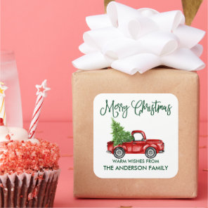 Fun Calligraphy Green Christmas Vintage Truck Square Sticker