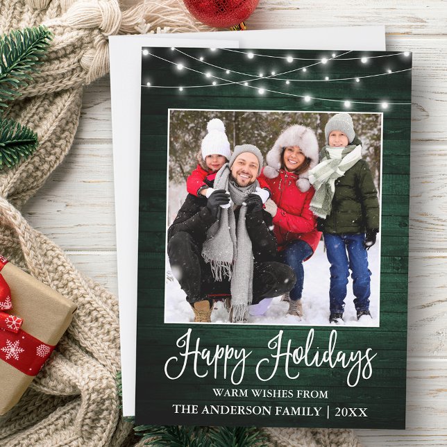 Fun Calligraphy Green Wood Lights Photo Holiday Card (Customize to add text to back of card.)