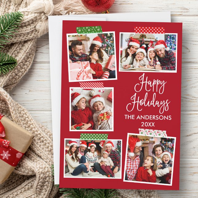 Fun Calligraphy Happy Holidays Craft Tape Red  Holiday Card (Customize to add text to back of card.)