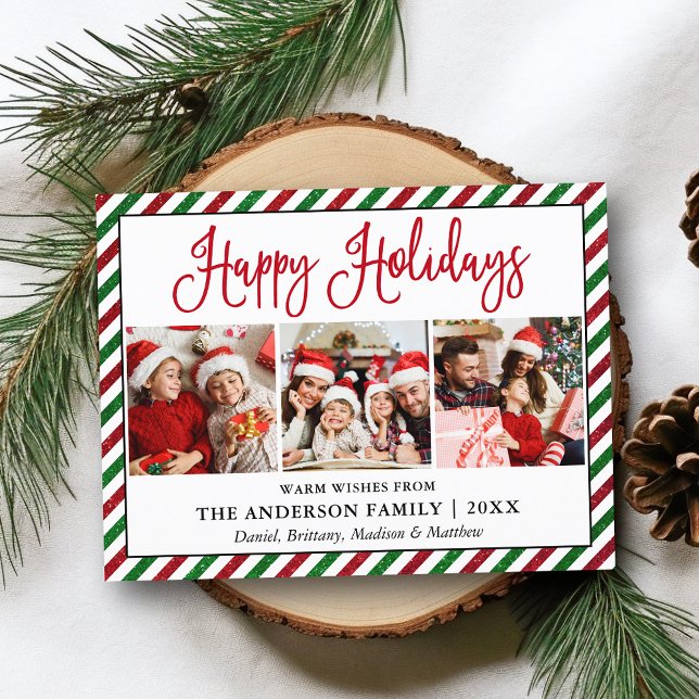 Fun Calligraphy Holiday Glitter Stripes 3 Photo Postcard (Customize to change your personalized text size or text style.)
