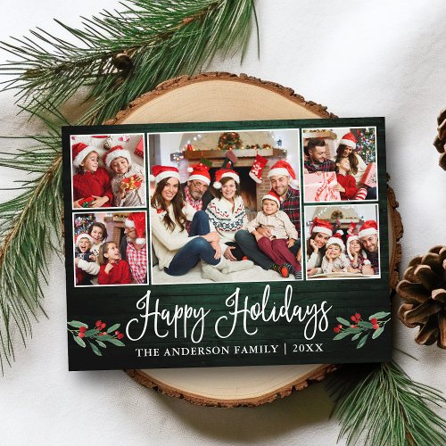 Fun Calligraphy Holiday Green Wood Holly 5 Photo Postcard