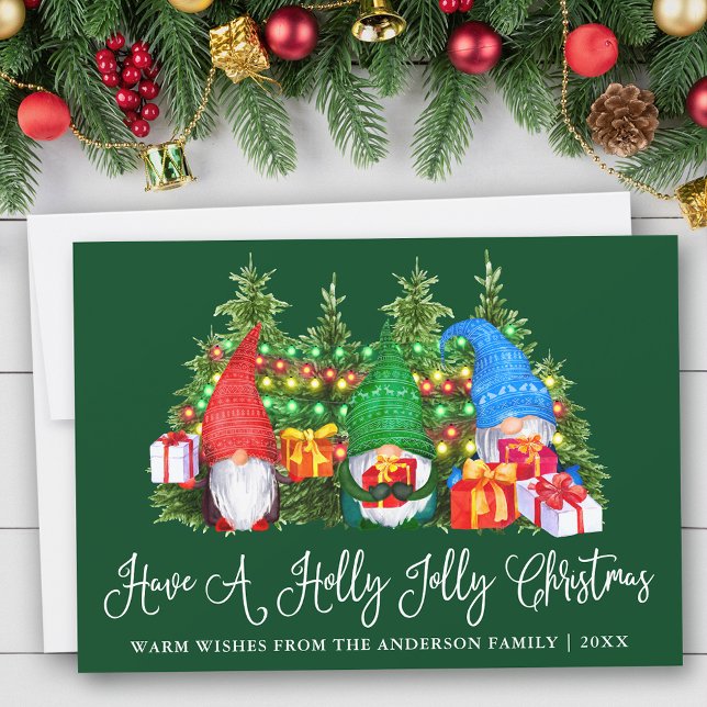Fun Calligraphy Holly Jolly Christmas Gnomes Green Holiday Card (Customize to add text to back of card.)