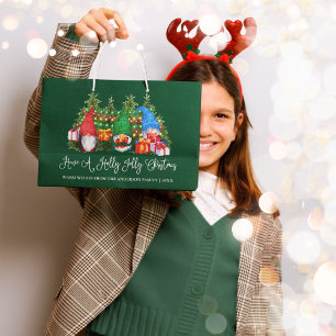 Fun Calligraphy Holly Jolly Christmas Gnomes Green Large Gift Bag
