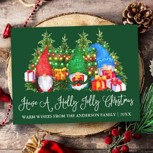 Fun Calligraphy Holly Jolly Christmas Gnomes Green Postcard