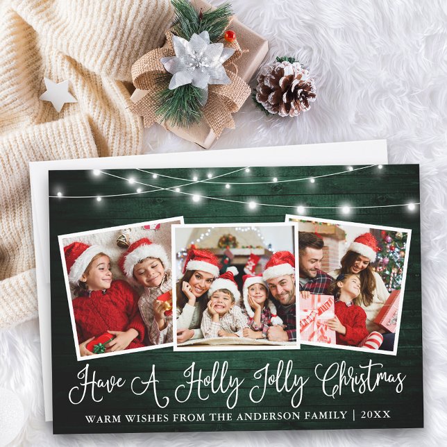 Fun Calligraphy Holly Jolly Christmas Green Wood Holiday Card (Customize to add text to back of card.)
